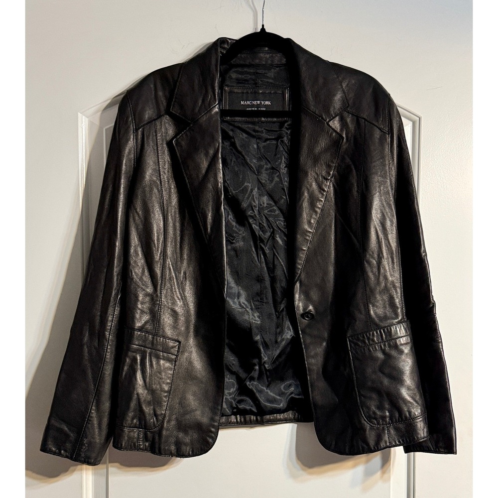 Marc New York Leather Blazer Women Size L‎ Black Excellent Andrew Marc Jacket